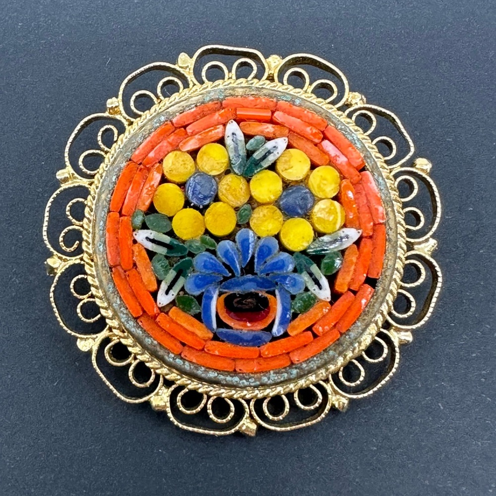 Vintage Italian Micro Mosaic Floral Brooch Scarf Hair Pin - Picture 8 of 9